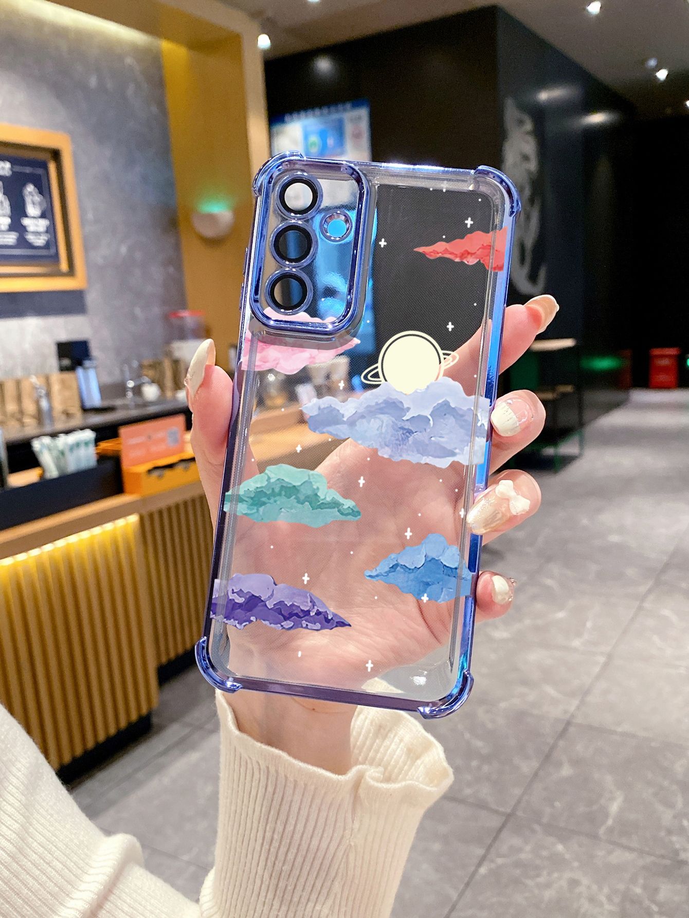 For iPhone 16 15 Pro Max 14 Plus 13 12 11 XR 8 7 SE 2022 XS Paiting Saturn Moon Plating Frame Clear Phone Case Anti-shock Cover