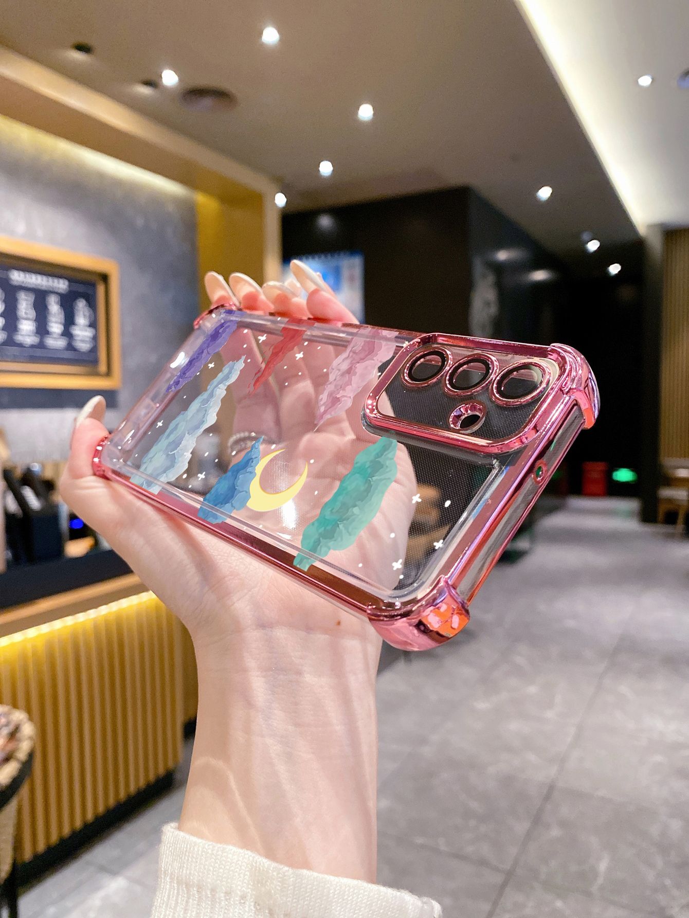 For iPhone 16 15 Pro Max 14 Plus 13 12 11 XR 8 7 SE 2022 XS Paiting Saturn Moon Plating Frame Clear Phone Case Anti-shock Cover