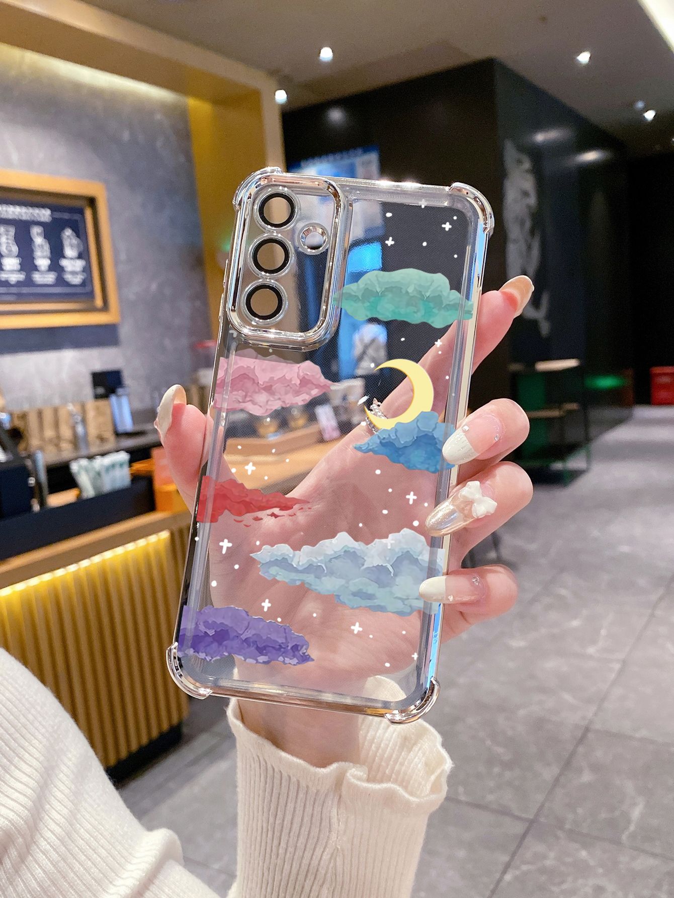 For iPhone 16 15 Pro Max 14 Plus 13 12 11 XR 8 7 SE 2022 XS Paiting Saturn Moon Plating Frame Clear Phone Case Anti-shock Cover