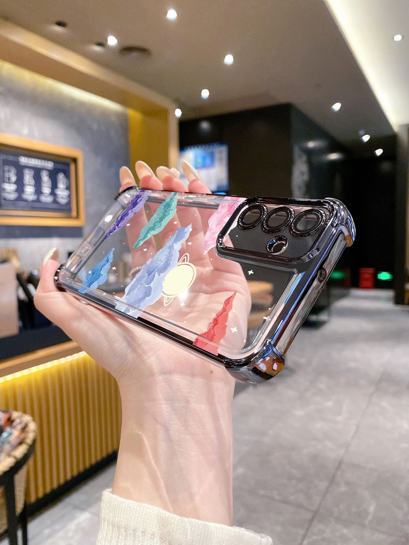 For iPhone 16 15 Pro Max 14 Plus 13 12 11 XR 8 7 SE 2022 XS Paiting Saturn Moon Plating Frame Clear Phone Case Anti-shock Cover