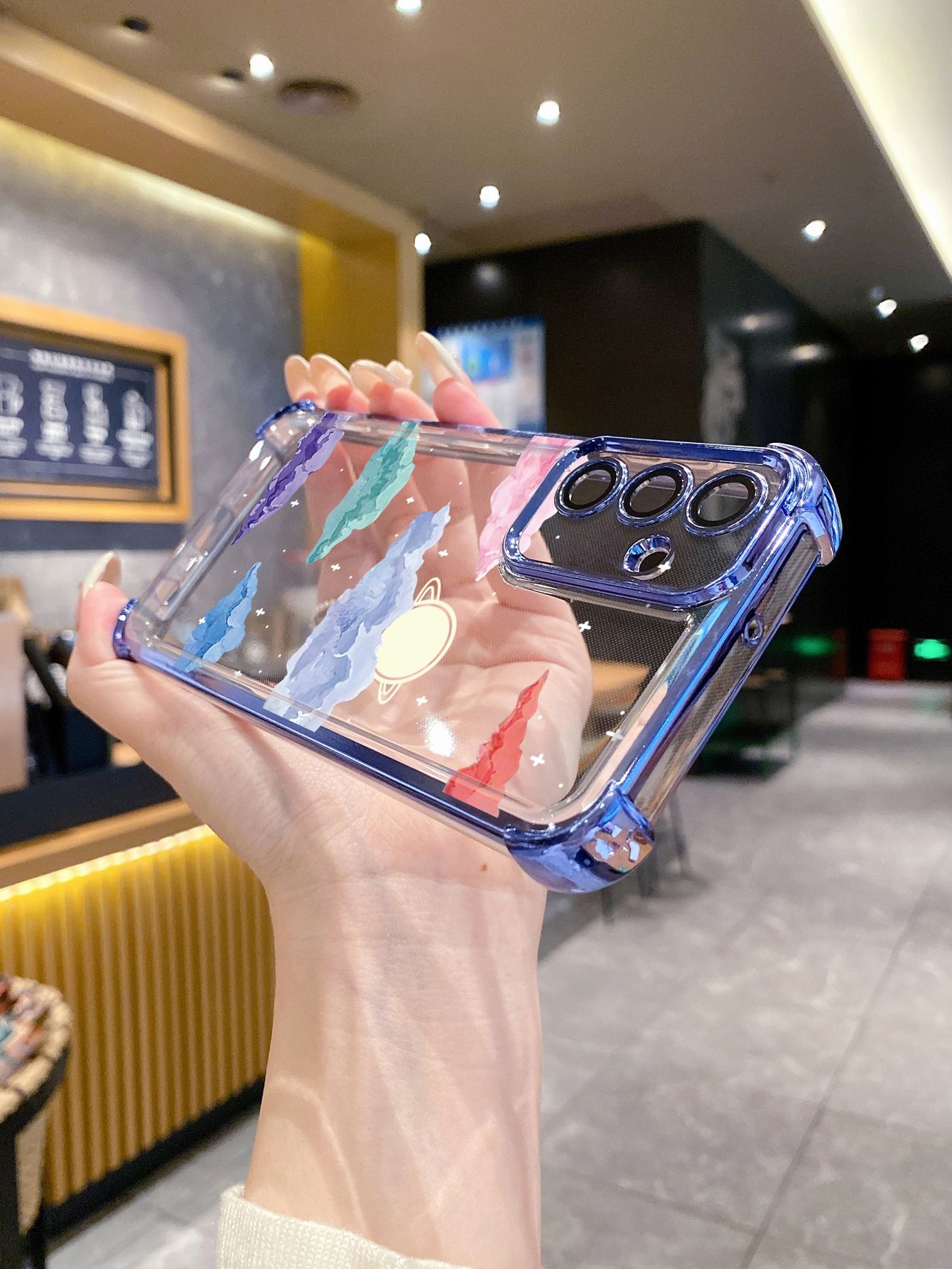 For iPhone 16 15 Pro Max 14 Plus 13 12 11 XR 8 7 SE 2022 XS Paiting Saturn Moon Plating Frame Clear Phone Case Anti-shock Cover