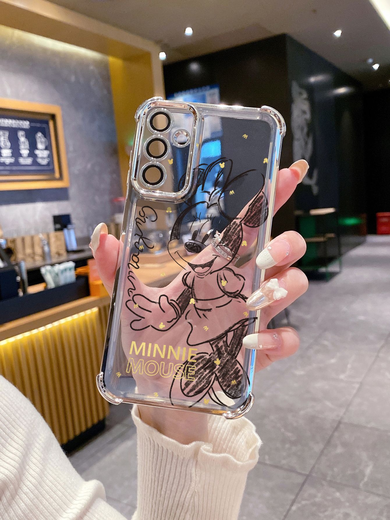 For iPhone 16 15 Pro Max 14 Plus 13 12 11 XR 8 7 SE 2022 XS Drawing Mickey Minnie Plating Frame Clear Phone Case Anti-shock Cover