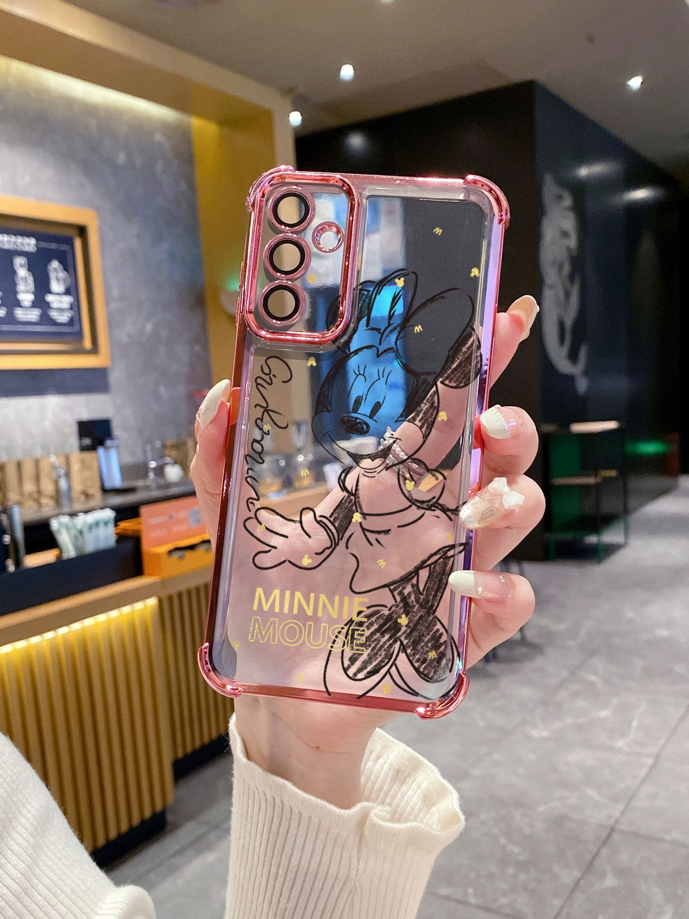 For iPhone 16 15 Pro Max 14 Plus 13 12 11 XR 8 7 SE 2022 XS Drawing Mickey Minnie Plating Frame Clear Phone Case Anti-shock Cover