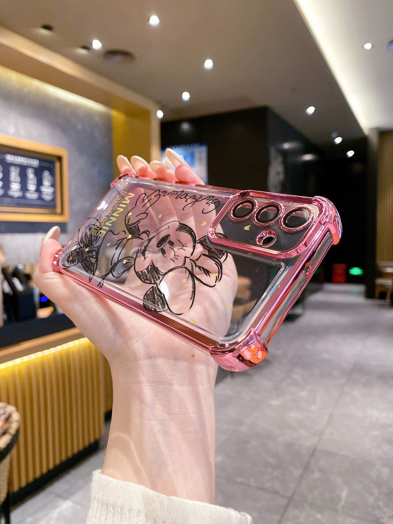 For iPhone 16 15 Pro Max 14 Plus 13 12 11 XR 8 7 SE 2022 XS Drawing Mickey Minnie Plating Frame Clear Phone Case Anti-shock Cover