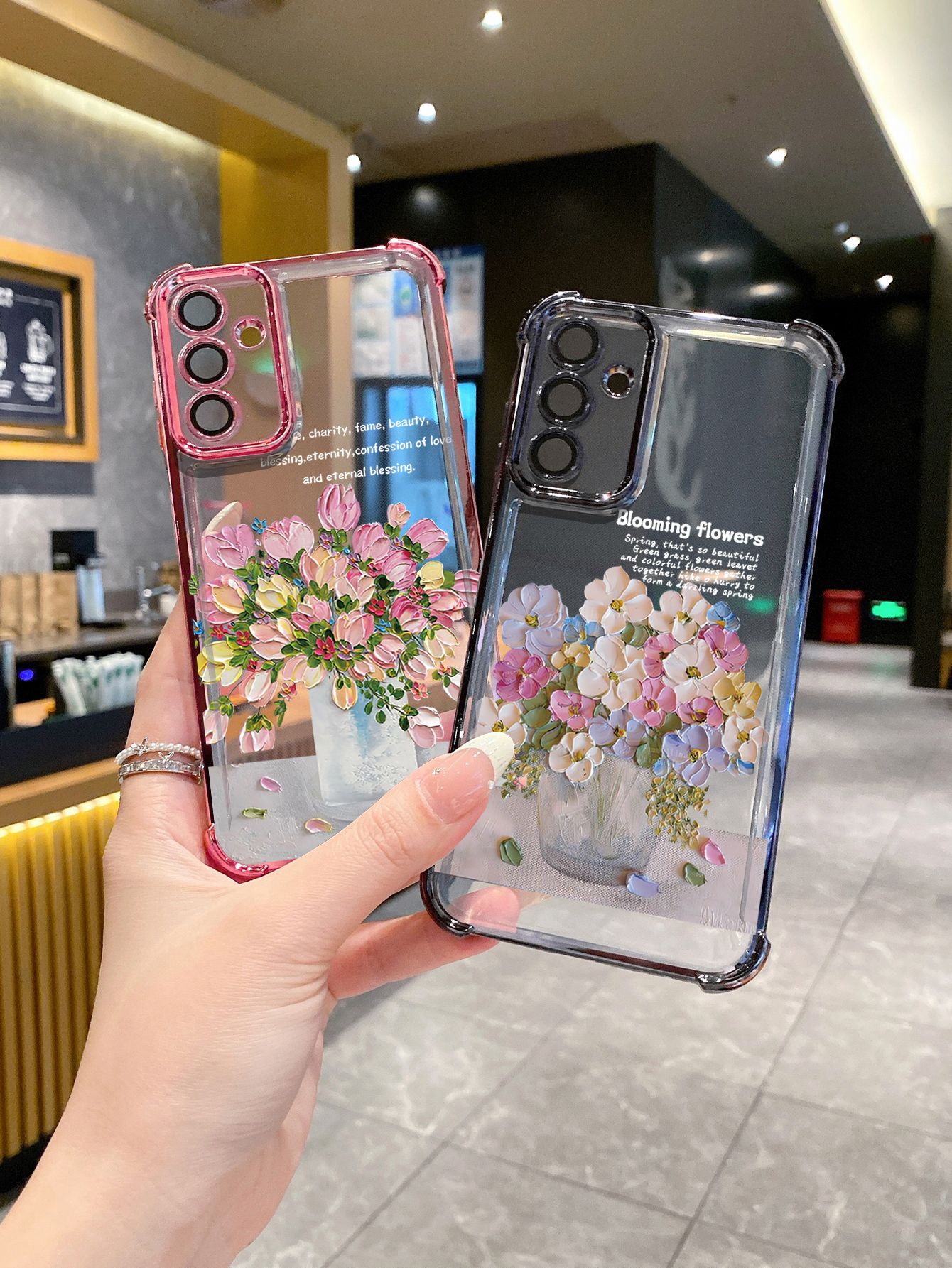 For Samsung Galaxy S25 S24 S23 Ultra S22 Plus S21 FE S20 Pink Flower Plating Frame Clear Phone Case Anti-shock Cover