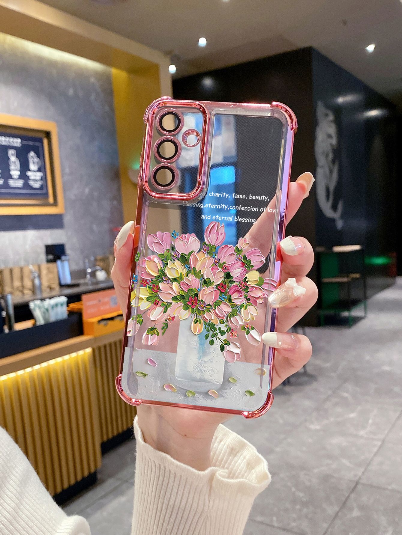 For Samsung Galaxy S25 S24 S23 Ultra S22 Plus S21 FE S20 Pink Flower Plating Frame Clear Phone Case Anti-shock Cover