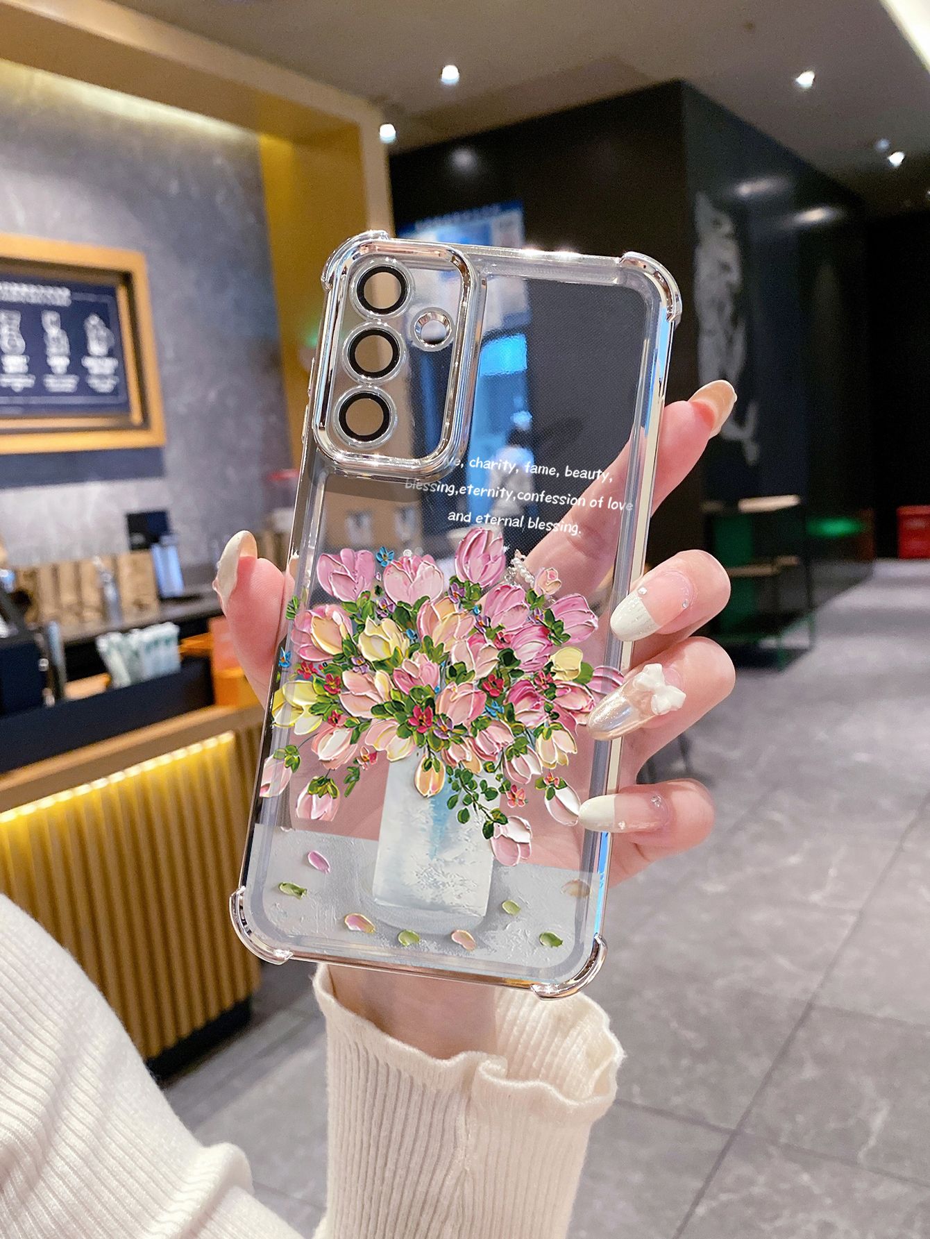 For Samsung Galaxy S25 S24 S23 Ultra S22 Plus S21 FE S20 Pink Flower Plating Frame Clear Phone Case Anti-shock Cover