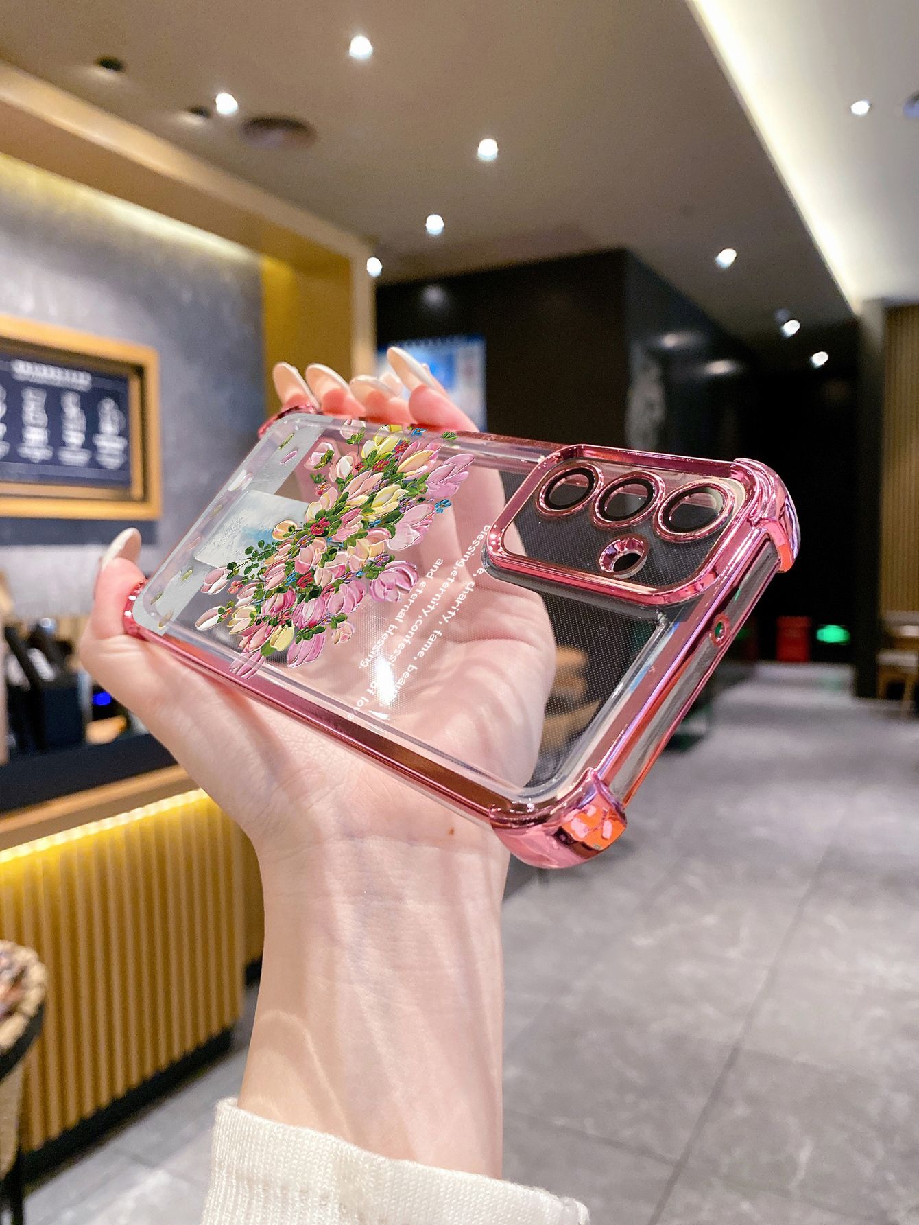For Samsung Galaxy S25 S24 S23 Ultra S22 Plus S21 FE S20 Pink Flower Plating Frame Clear Phone Case Anti-shock Cover