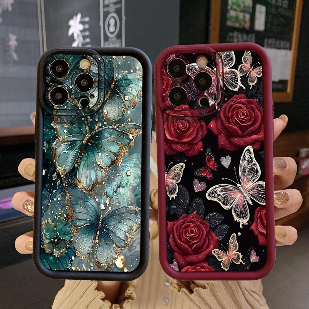 for iPhone 15 Pro Max 14 Plus 13 12 11 XR 8 7 SE 2022 XS Jadeite Rose Butterfly Full Protective Phone Case Anti Drop Cover