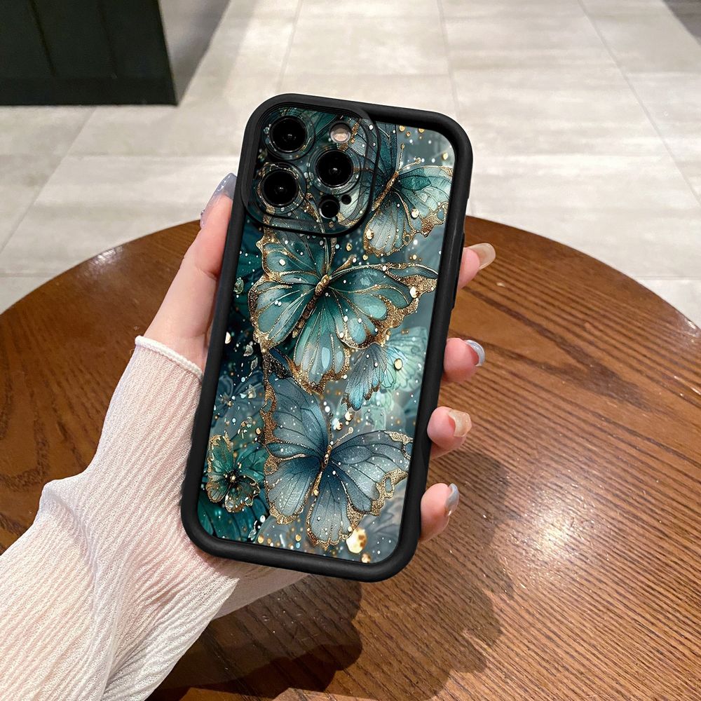 for iPhone 15 Pro Max 14 Plus 13 12 11 XR 8 7 SE 2022 XS Jadeite Rose Butterfly Full Protective Phone Case Anti Drop Cover