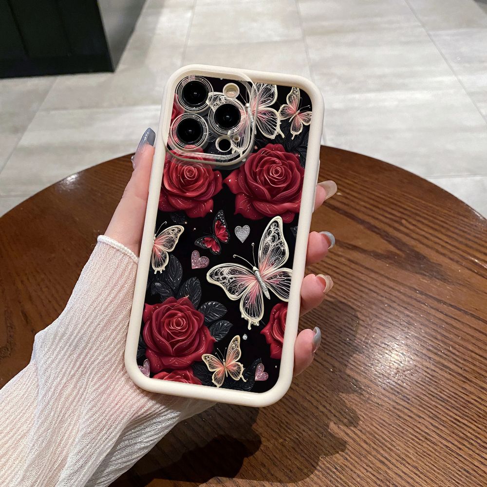 for iPhone 15 Pro Max 14 Plus 13 12 11 XR 8 7 SE 2022 XS Jadeite Rose Butterfly Full Protective Phone Case Anti Drop Cover