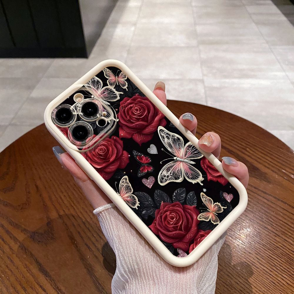 for iPhone 15 Pro Max 14 Plus 13 12 11 XR 8 7 SE 2022 XS Jadeite Rose Butterfly Full Protective Phone Case Anti Drop Cover