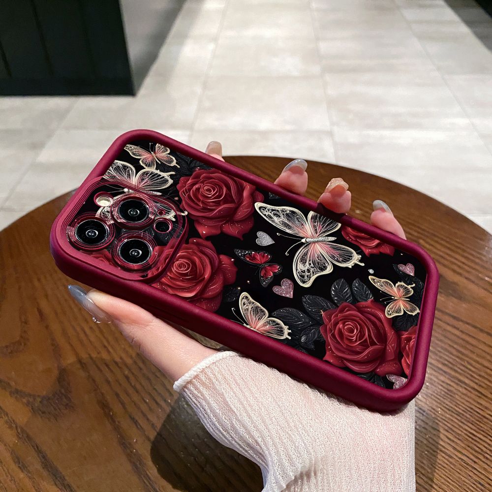 for iPhone 15 Pro Max 14 Plus 13 12 11 XR 8 7 SE 2022 XS Jadeite Rose Butterfly Full Protective Phone Case Anti Drop Cover