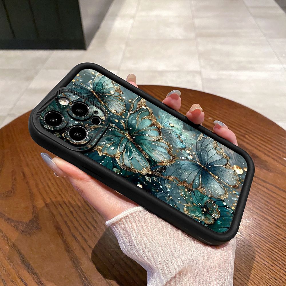 for iPhone 15 Pro Max 14 Plus 13 12 11 XR 8 7 SE 2022 XS Jadeite Rose Butterfly Full Protective Phone Case Anti Drop Cover