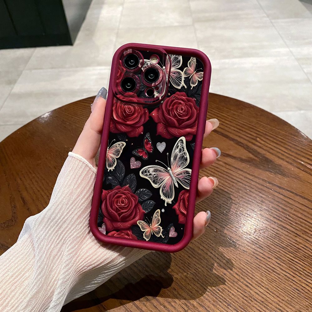 for iPhone 15 Pro Max 14 Plus 13 12 11 XR 8 7 SE 2022 XS Jadeite Rose Butterfly Full Protective Phone Case Anti Drop Cover