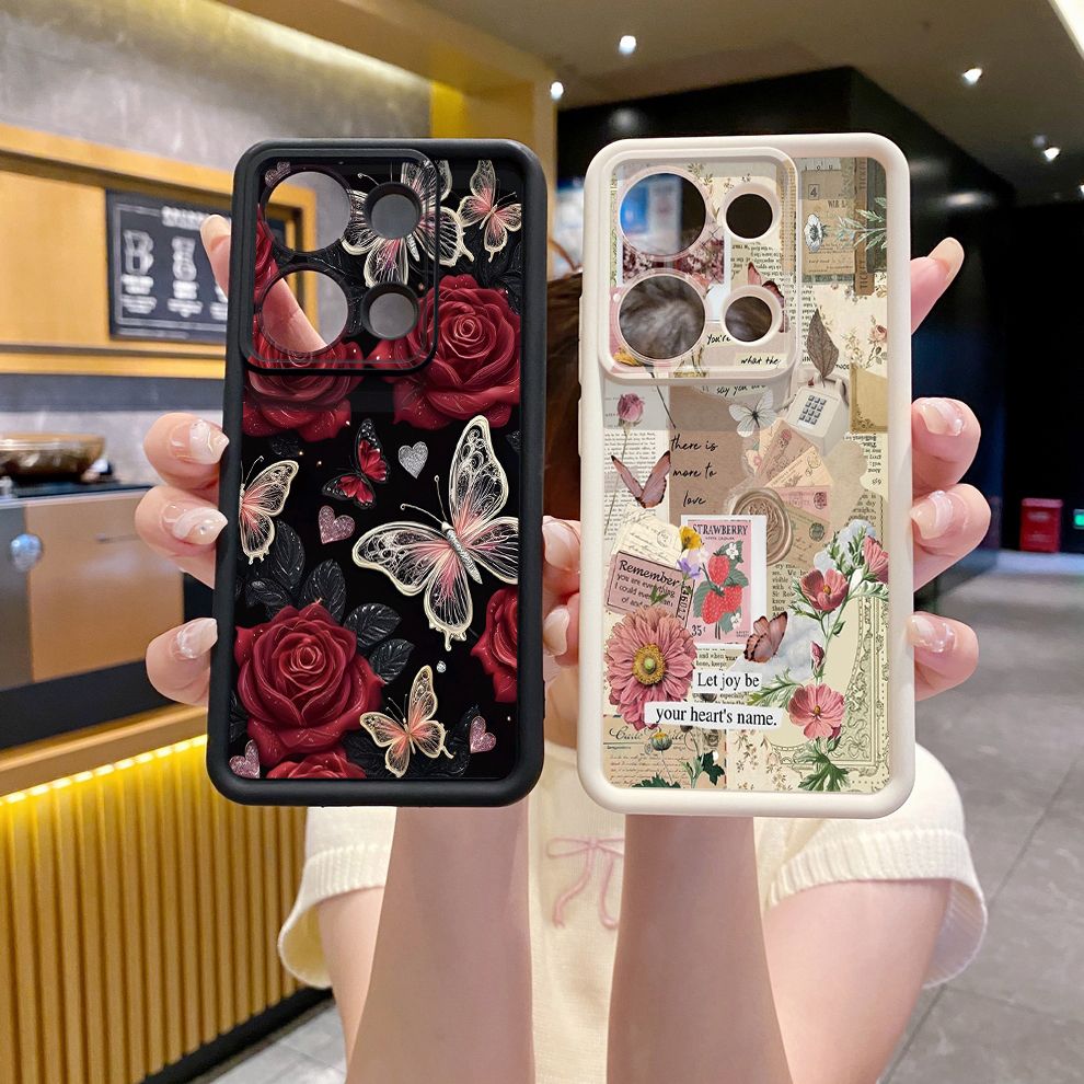 for Xiaomi Redmi Note 13 Pro 5G 12S 4G 12 Turbo 11S 13C 12C Red Rose Butterfly Full Protective Phone Case Anti Drop Cover