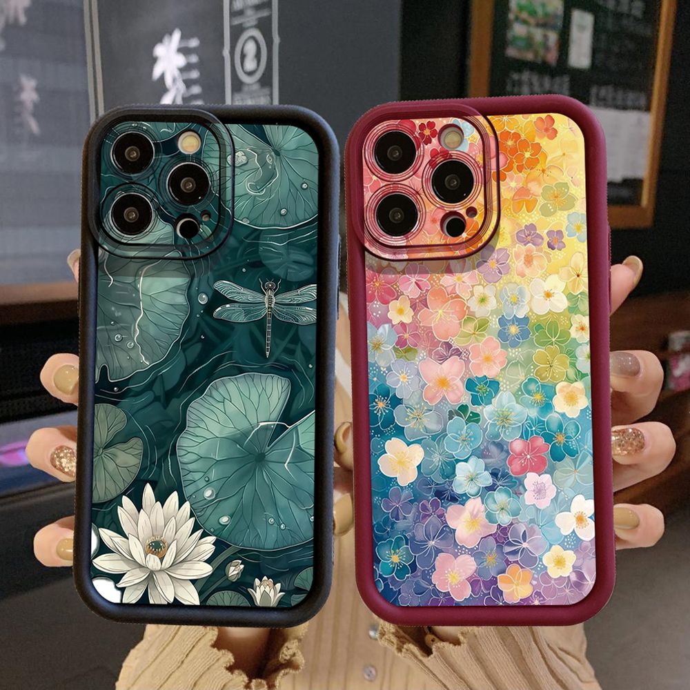 for iPhone 15 Pro Max 14 Plus 13 12 11 XR 8 7 SE 2022 XS Lotus Leaf Floral Full Protective Phone Case Anti Drop Cover
