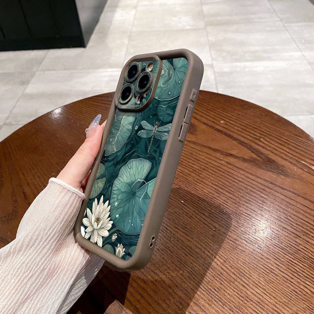 for iPhone 15 Pro Max 14 Plus 13 12 11 XR 8 7 SE 2022 XS Lotus Leaf Floral Full Protective Phone Case Anti Drop Cover