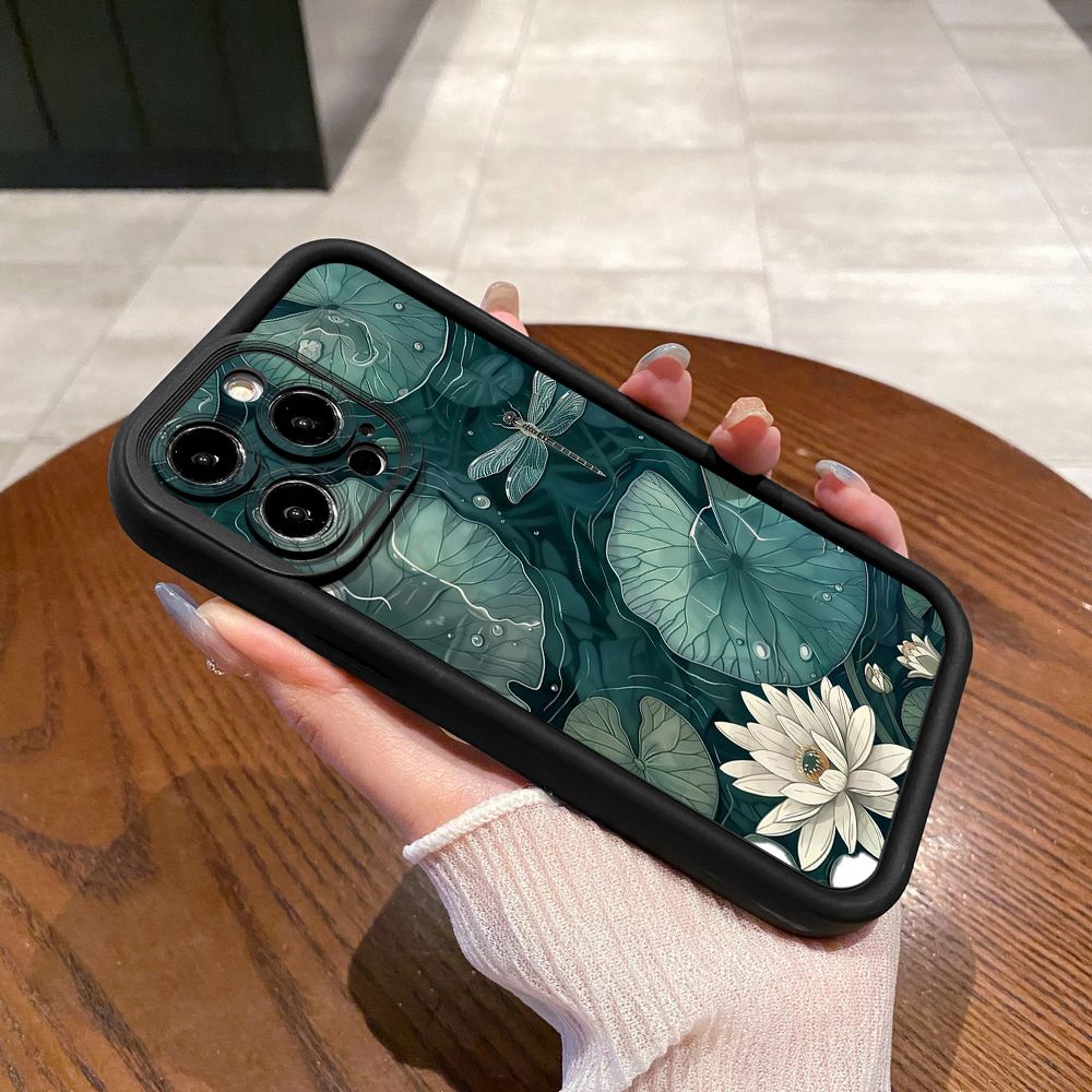 for iPhone 15 Pro Max 14 Plus 13 12 11 XR 8 7 SE 2022 XS Lotus Leaf Floral Full Protective Phone Case Anti Drop Cover