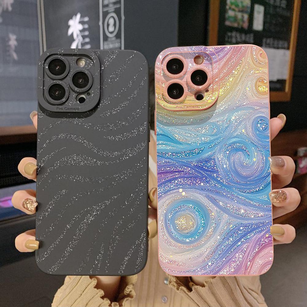 For iPhone 16 Pro Max 14 Plus 13 Pro Max 12 11 XR 8 7 SE 2022 XS Max Glitter Stripe Print Full Protective Case Anti Drop Cover
