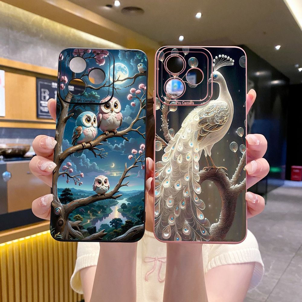For Realme C61 C63 C65 C67 C53 C51 Note 50 60 C21 C33 C30 C35 C11 2021 C12 C15 C21Y C25Y Realme 12 13 Cute Owl Peacock Full Protective Case Anti Drop Cover