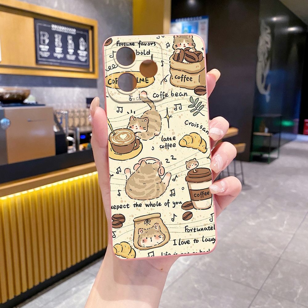 For Realme C61 C63 C65 C67 C53 C51 Note 50 60 C21 C33 C30 C35 C11 2021 C12 C15 C21Y C25Y Realme 12 13 Cute Coffee Cat Full Protective Case Anti Drop Cover