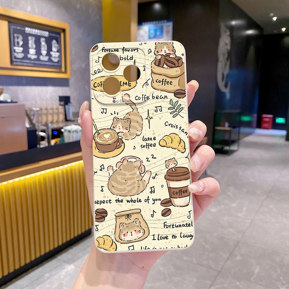 For Realme C61 C63 C65 C67 C53 C51 Note 50 60 C21 C33 C30 C35 C11 2021 C12 C15 C21Y C25Y Realme 12 13 Cute Coffee Cat Full Protective Case Anti Drop Cover