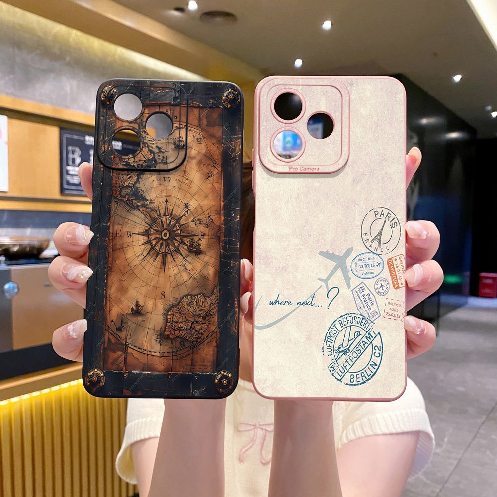 For Realme C61 C63 C65 C67 C53 C51 Note 50 60 C21 C33 C30 C35 C11 2021 C12 C15 C21Y C25Y Realme 12 13 Map Compass Airplane Full Protective Case Anti Drop Cover