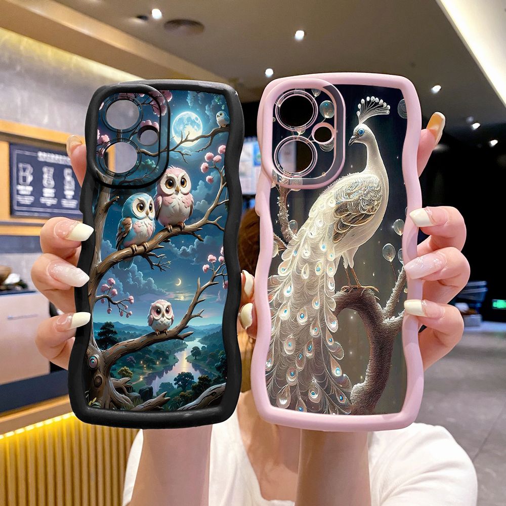 For VIVO Y17S Y27 T1X Y02S Y21S Y02 Y33S Y12S Y18 Y38 Cute Owl Peacock Wave Frame Phone Case Anti Drop Cover