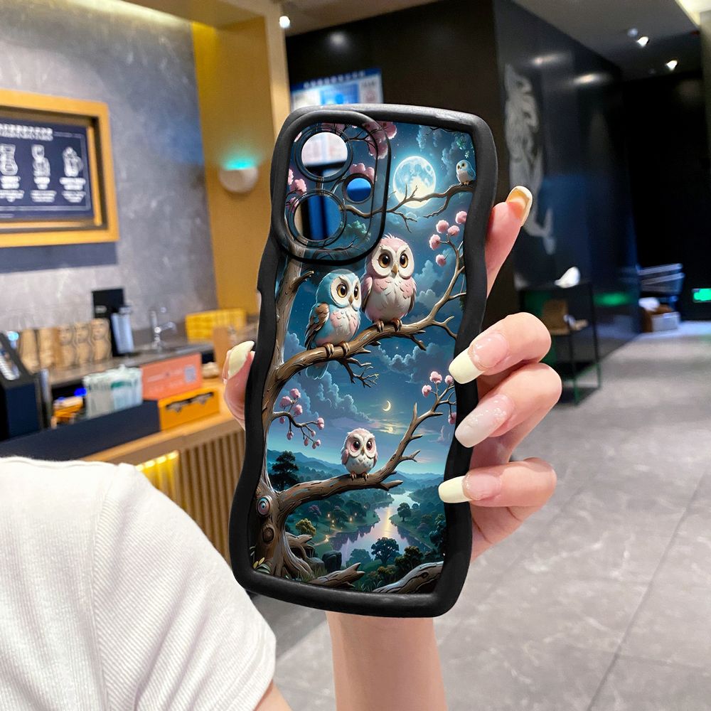 For VIVO Y17S Y27 T1X Y02S Y21S Y02 Y33S Y12S Y18 Y38 Cute Owl Peacock Wave Frame Phone Case Anti Drop Cover