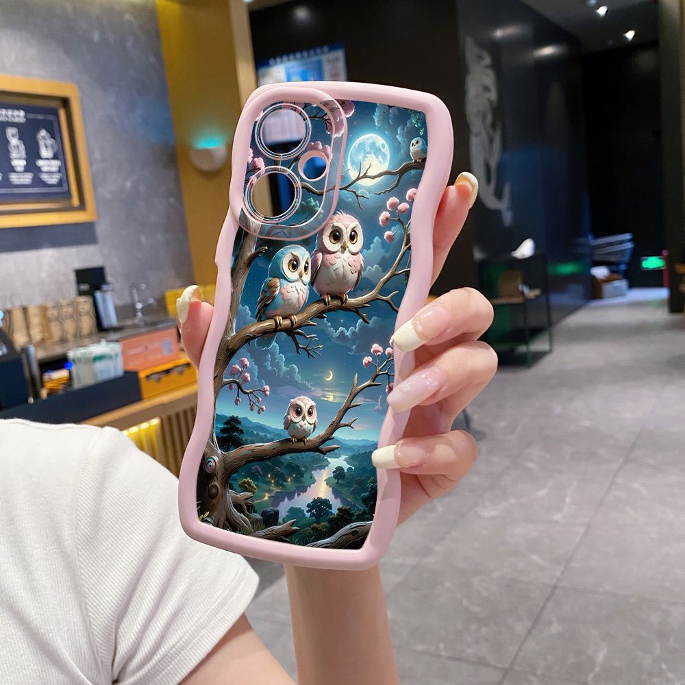 For VIVO Y17S Y27 T1X Y02S Y21S Y02 Y33S Y12S Y18 Y38 Cute Owl Peacock Wave Frame Phone Case Anti Drop Cover
