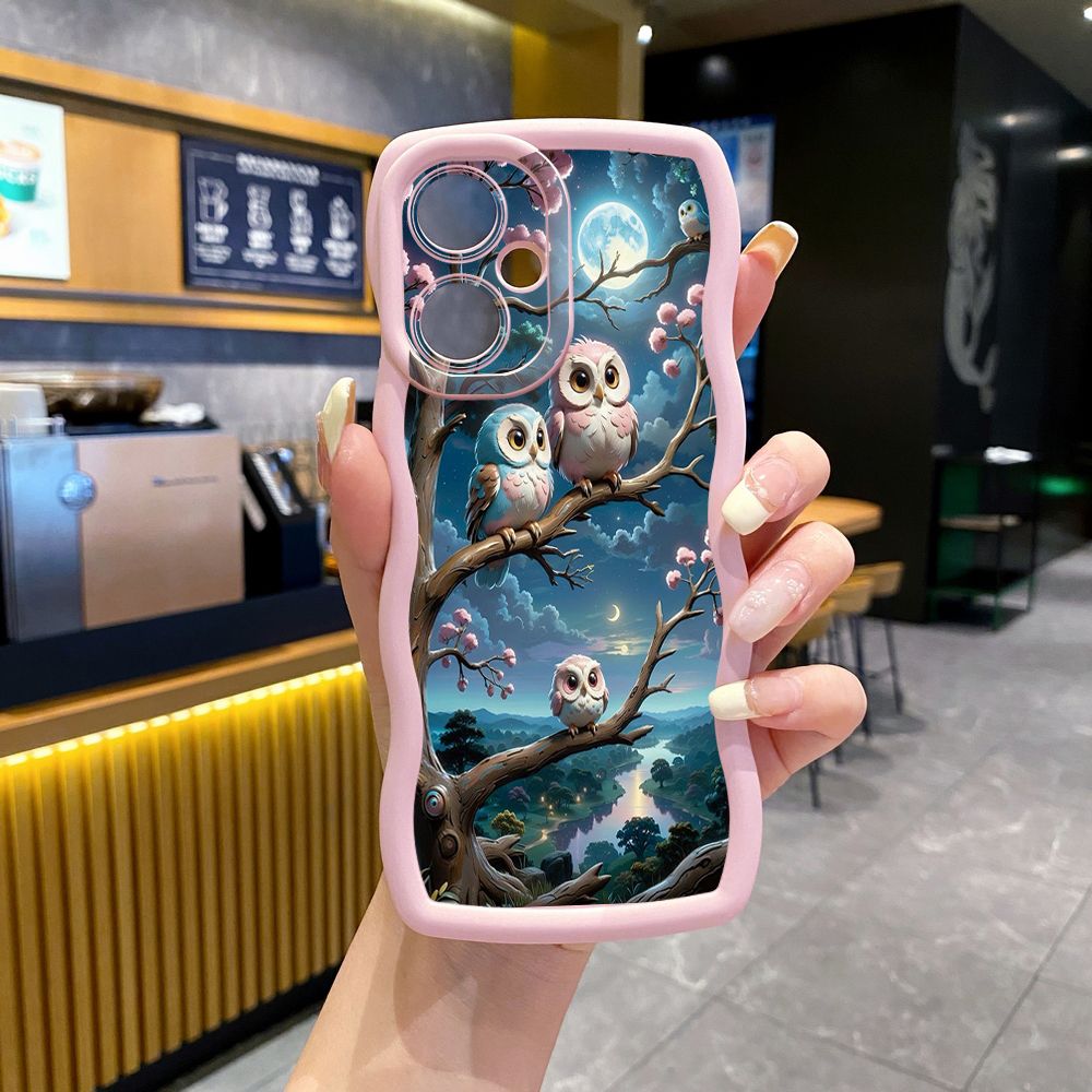 For VIVO Y17S Y27 T1X Y02S Y21S Y02 Y33S Y12S Y18 Y38 Cute Owl Peacock Wave Frame Phone Case Anti Drop Cover