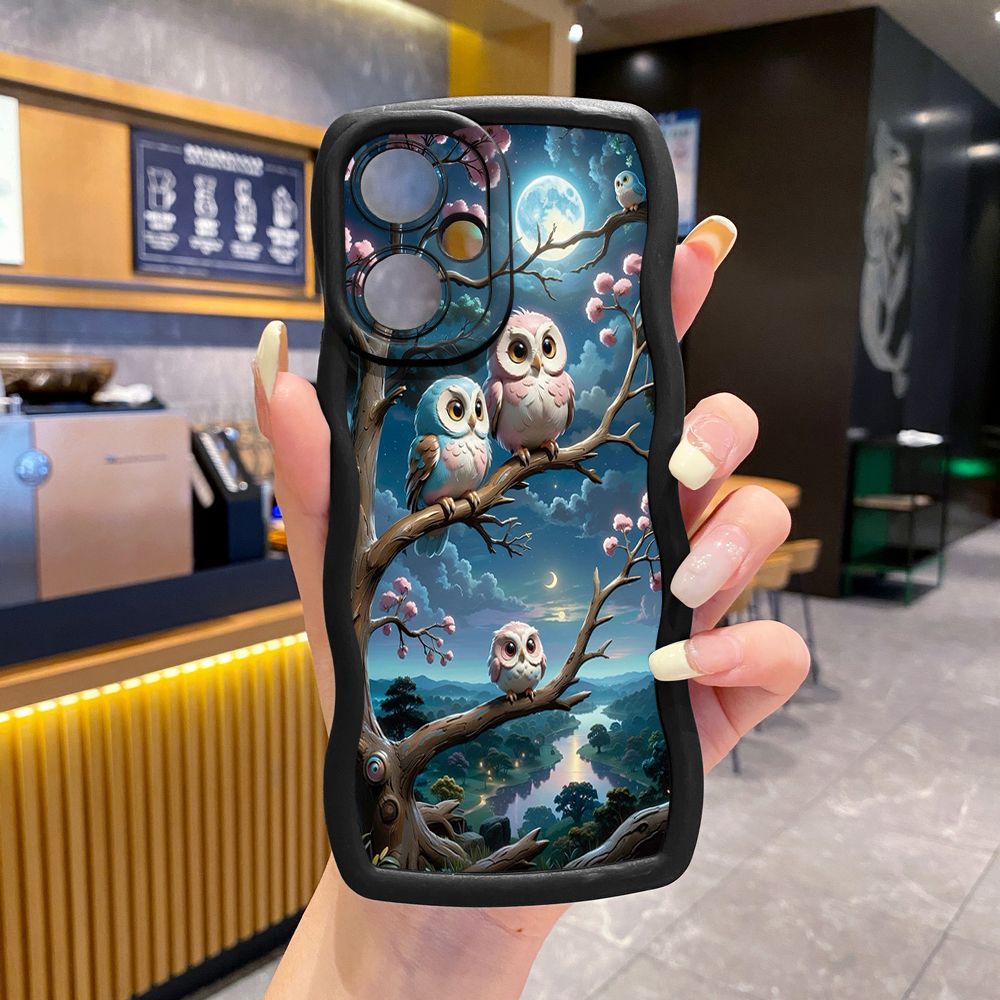 For VIVO Y17S Y27 T1X Y02S Y21S Y02 Y33S Y12S Y18 Y38 Cute Owl Peacock Wave Frame Phone Case Anti Drop Cover