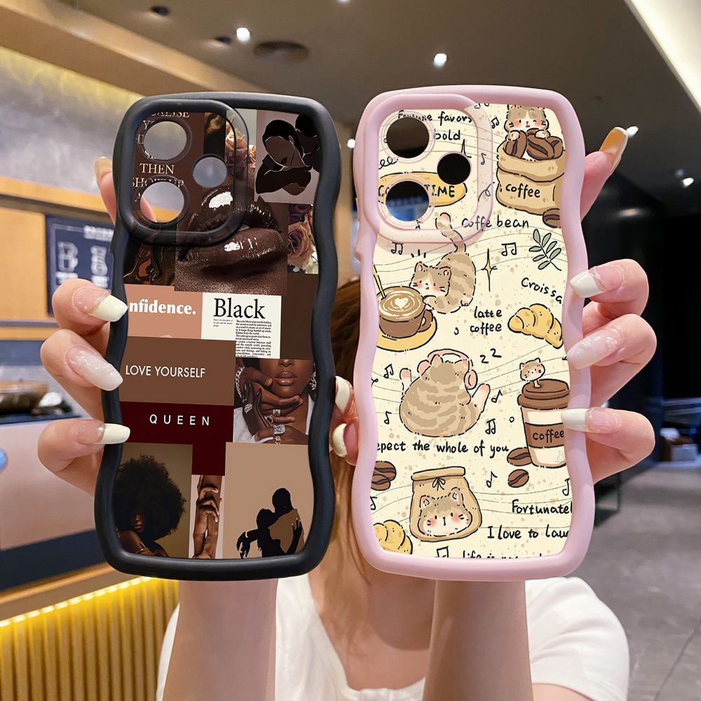 For OPPO Realme C67 C53 C51 Note 50 C21Y C25Y C33 C30 C35 9i Cute Coffee Cat Wave Frame Phone Case Anti Drop Cover