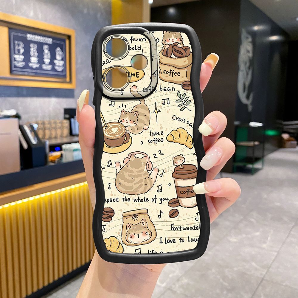 For OPPO Realme C67 C53 C51 Note 50 C21Y C25Y C33 C30 C35 9i Cute Coffee Cat Wave Frame Phone Case Anti Drop Cover