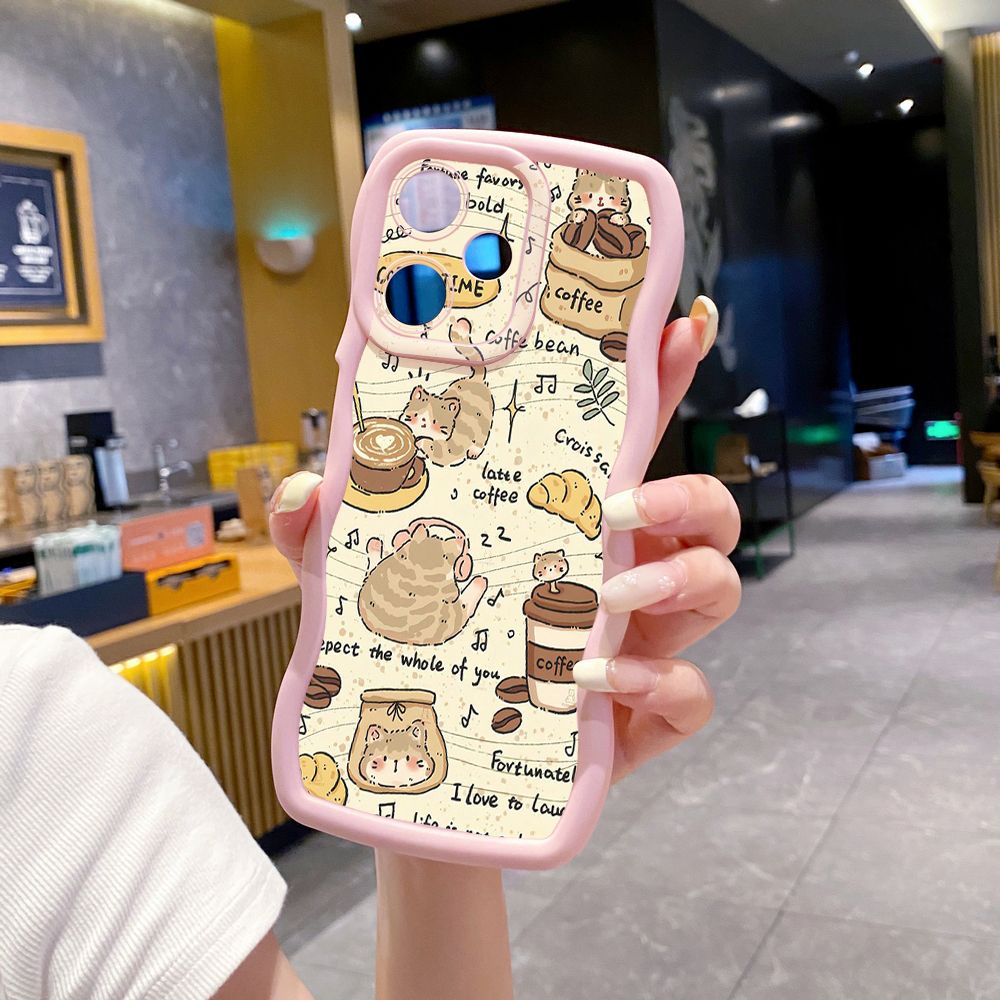 For OPPO Realme C67 C53 C51 Note 50 C21Y C25Y C33 C30 C35 9i Cute Coffee Cat Wave Frame Phone Case Anti Drop Cover