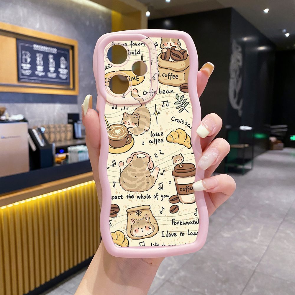 For OPPO Realme C67 C53 C51 Note 50 C21Y C25Y C33 C30 C35 9i Cute Coffee Cat Wave Frame Phone Case Anti Drop Cover