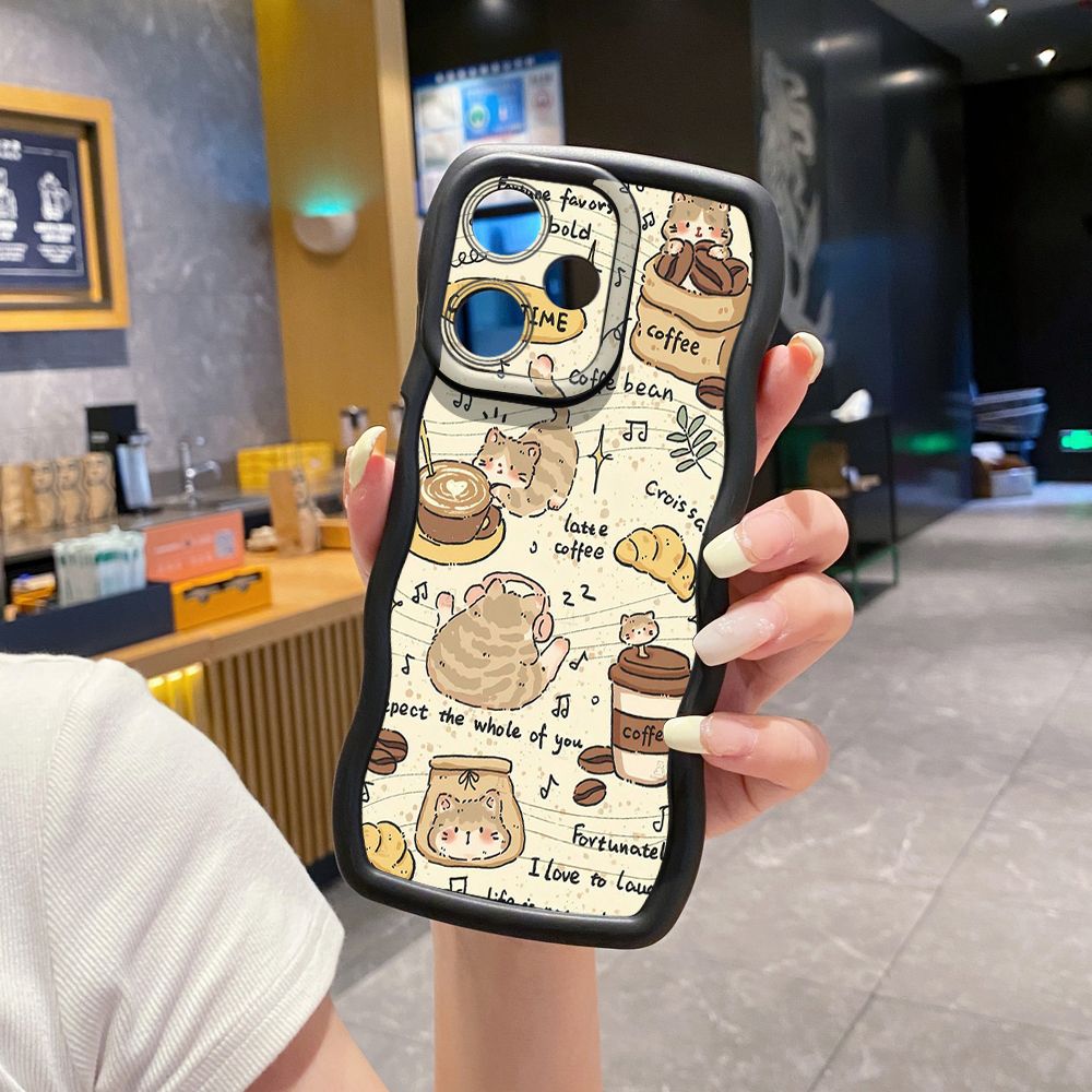 For OPPO Realme C67 C53 C51 Note 50 C21Y C25Y C33 C30 C35 9i Cute Coffee Cat Wave Frame Phone Case Anti Drop Cover