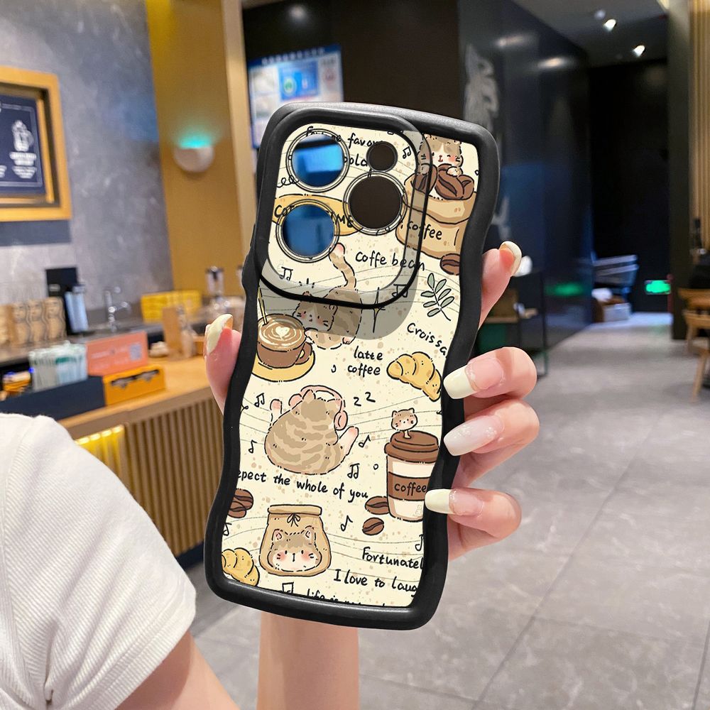 For Tecno Camon 19 Pro NEO 20 30 POP 6 GO 7 Spark GO 2023 8C 9 10 Pro 20C Cute Coffee Cat Wave Frame Phone Case Anti Drop Cover