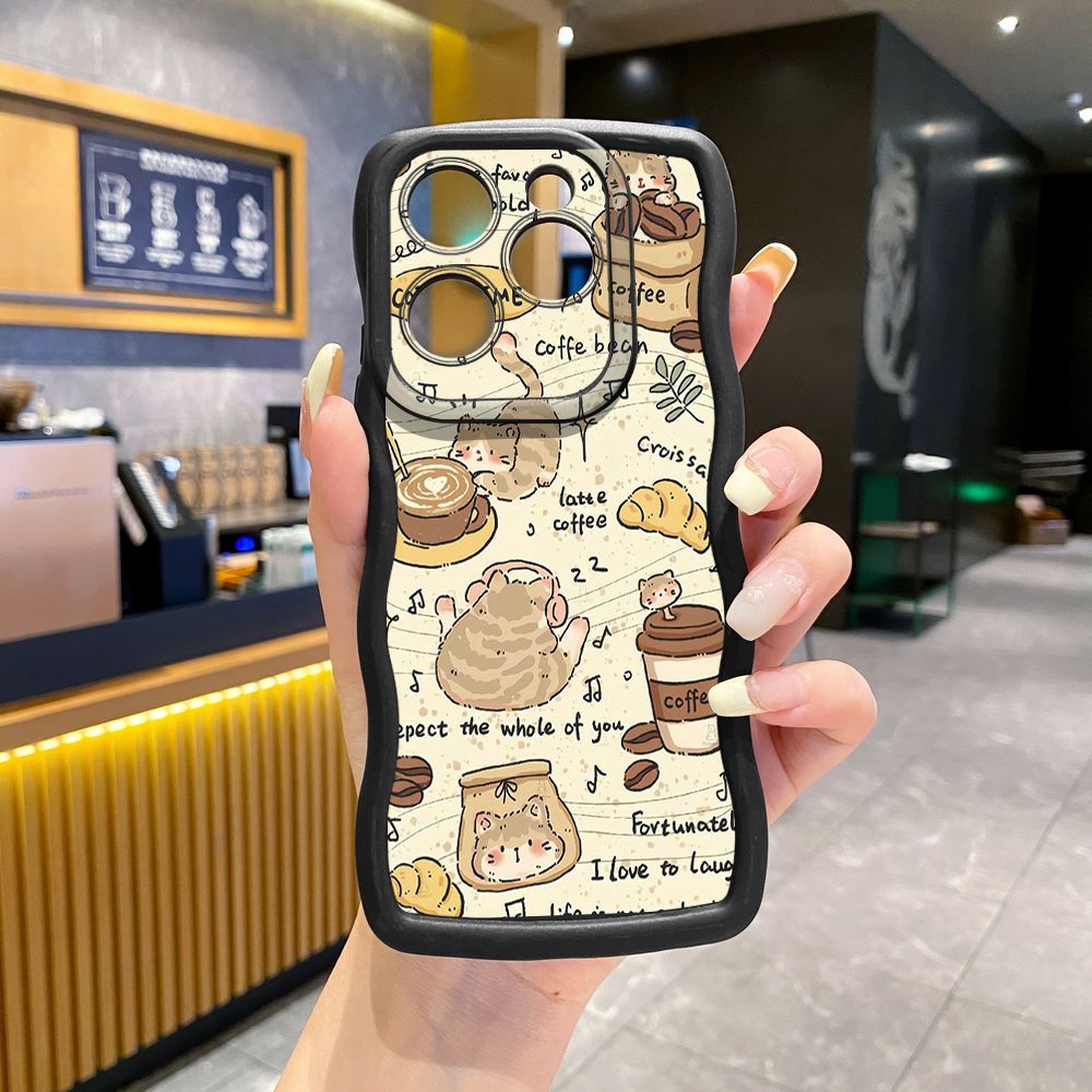 For Tecno Camon 19 Pro NEO 20 30 POP 6 GO 7 Spark GO 2023 8C 9 10 Pro 20C Cute Coffee Cat Wave Frame Phone Case Anti Drop Cover