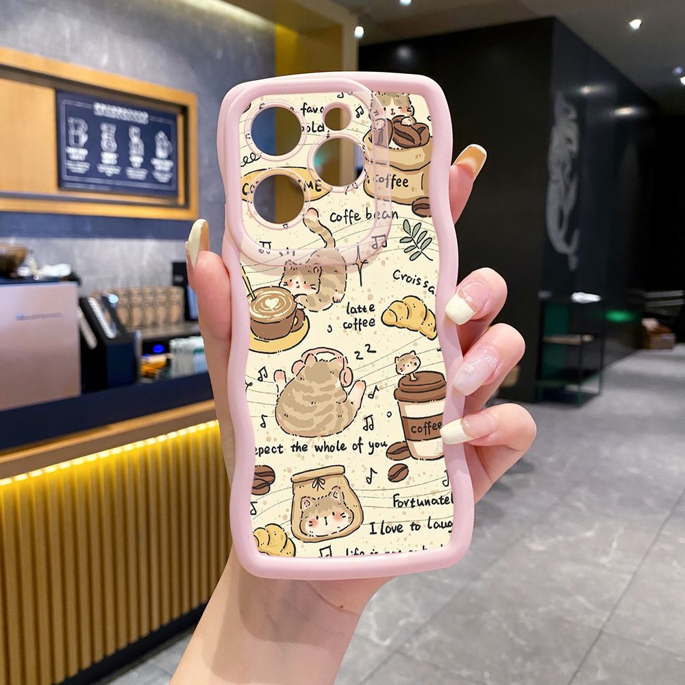 For Tecno Camon 19 Pro NEO 20 30 POP 6 GO 7 Spark GO 2023 8C 9 10 Pro 20C Cute Coffee Cat Wave Frame Phone Case Anti Drop Cover