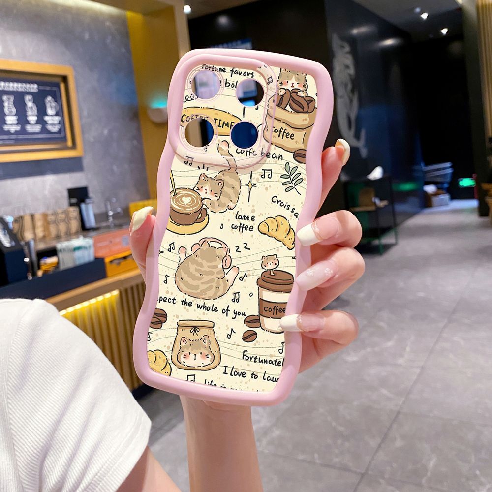 For ITEl A04 A60 A70 P40 S23 Plus Cute Coffee Cat Wave Frame Phone Case Anti Drop Cover