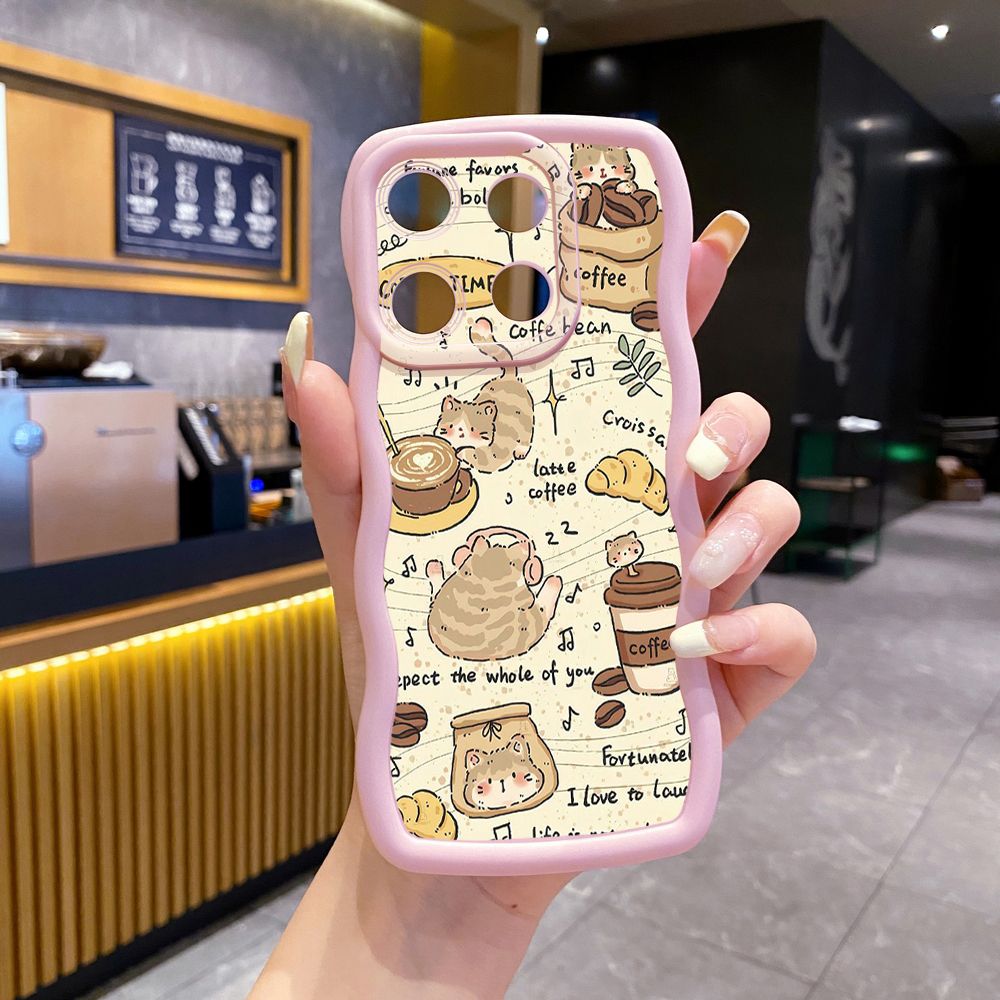For ITEl A04 A60 A70 P40 S23 Plus Cute Coffee Cat Wave Frame Phone Case Anti Drop Cover