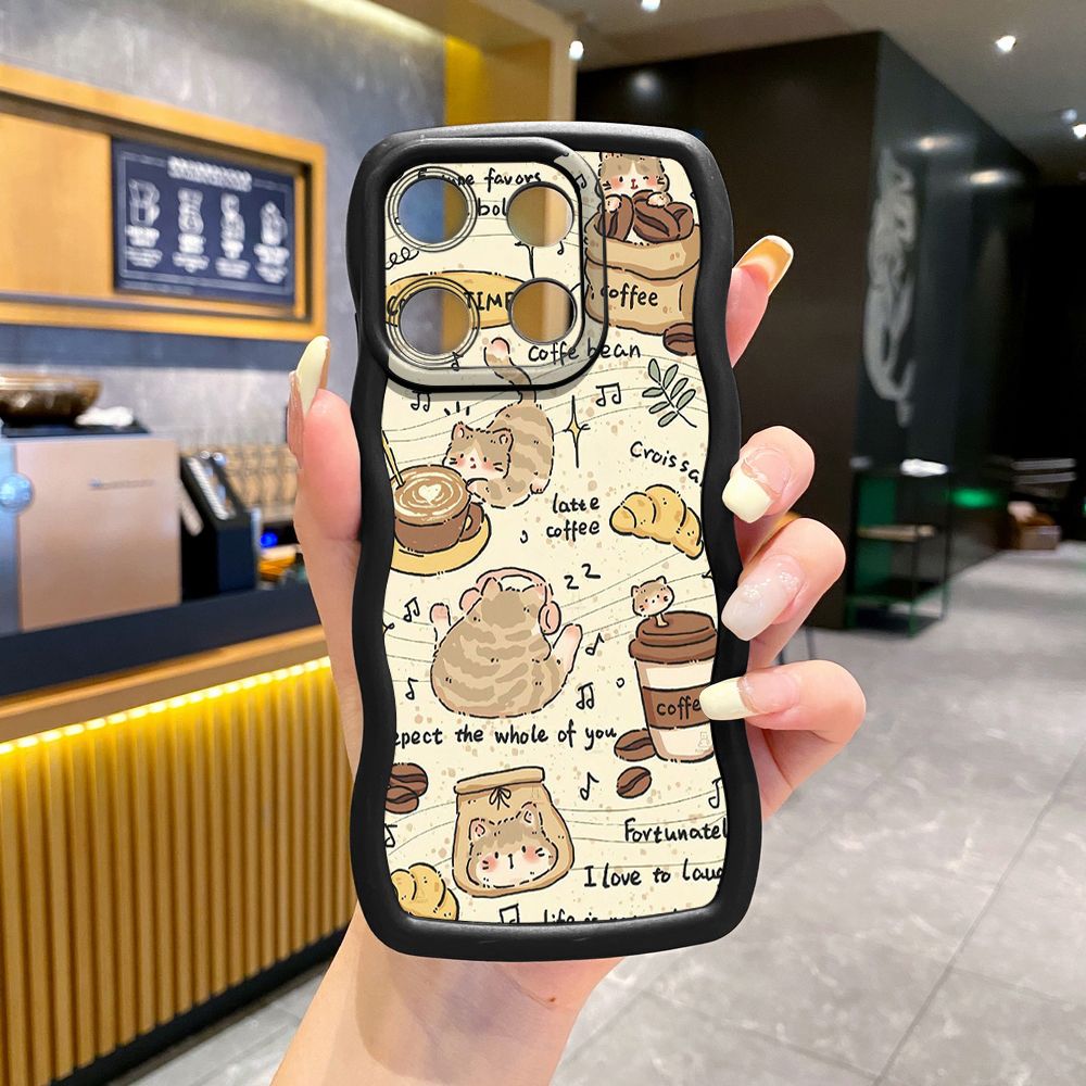 For ITEl A04 A60 A70 P40 S23 Plus Cute Coffee Cat Wave Frame Phone Case Anti Drop Cover