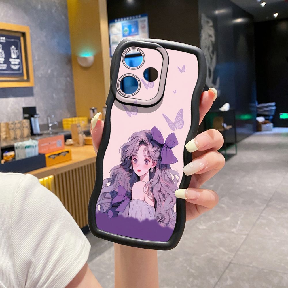 For OPPO Realme C67 C53 C51 Note 50 C21Y C25Y C33 C30 C35 9i Purple Butterfly Flower Girl Wave Frame Phone Case Anti Drop Cover