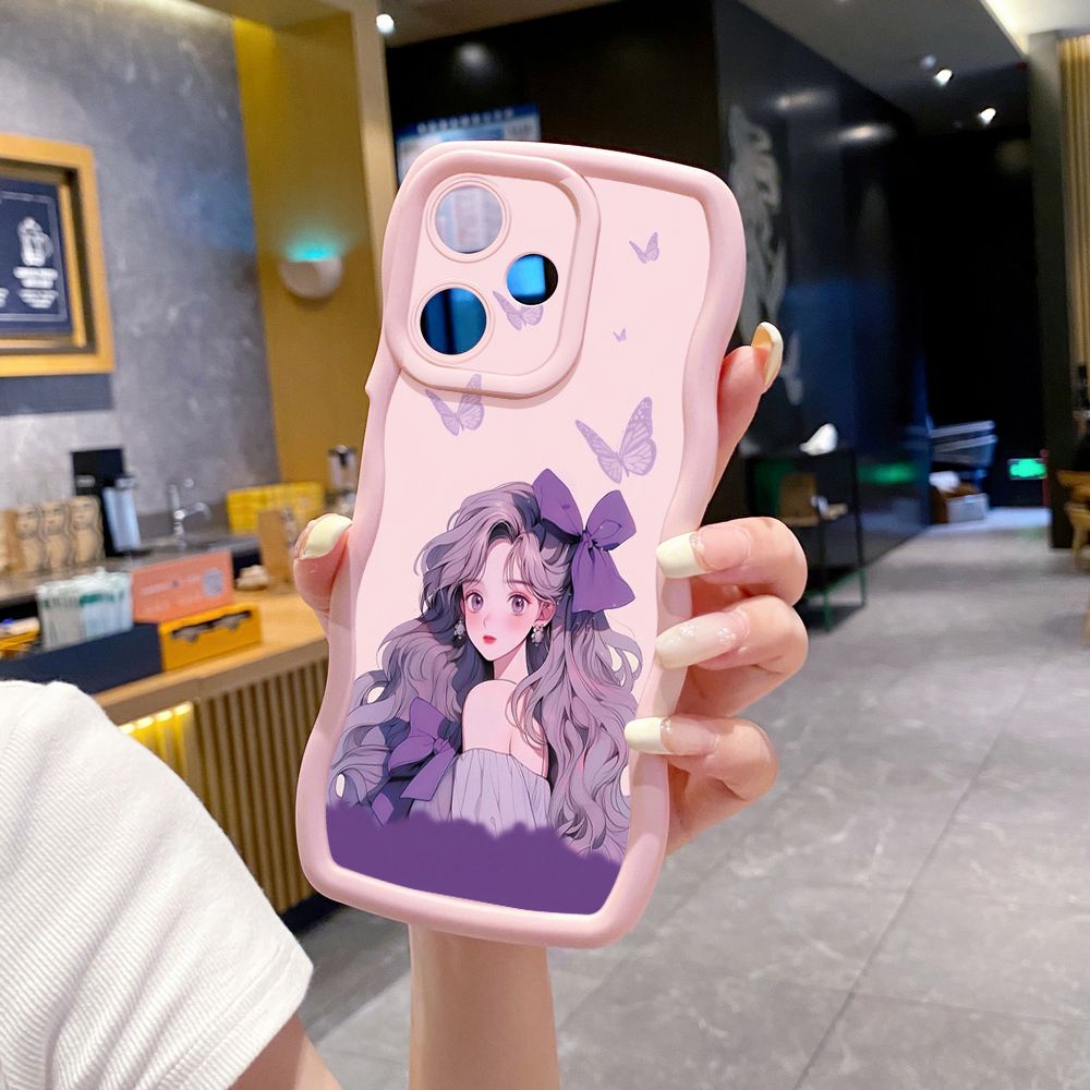 For OPPO Realme C67 C53 C51 Note 50 C21Y C25Y C33 C30 C35 9i Purple Butterfly Flower Girl Wave Frame Phone Case Anti Drop Cover