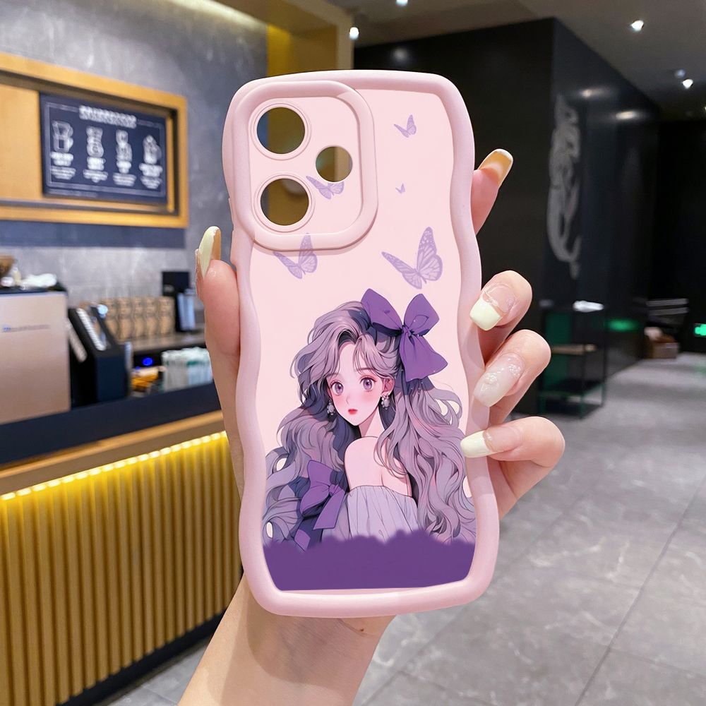 For OPPO Realme C67 C53 C51 Note 50 C21Y C25Y C33 C30 C35 9i Purple Butterfly Flower Girl Wave Frame Phone Case Anti Drop Cover