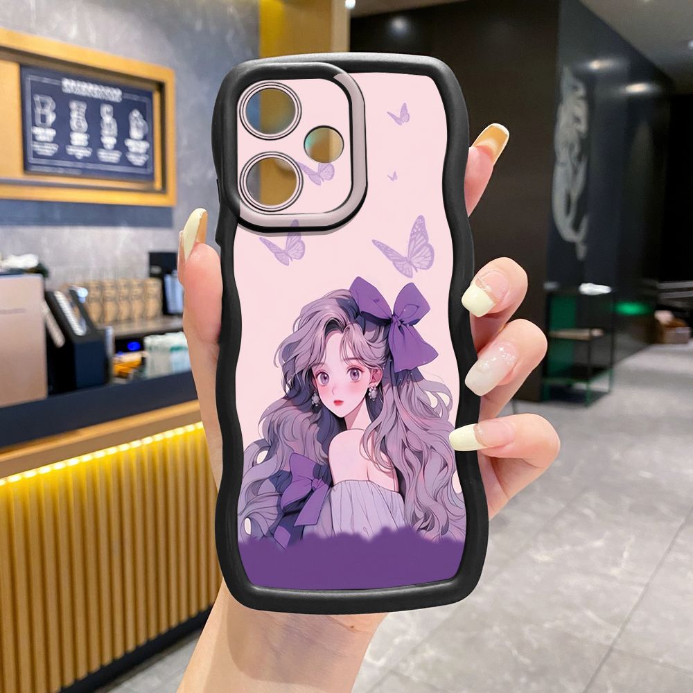 For OPPO Realme C67 C53 C51 Note 50 C21Y C25Y C33 C30 C35 9i Purple Butterfly Flower Girl Wave Frame Phone Case Anti Drop Cover