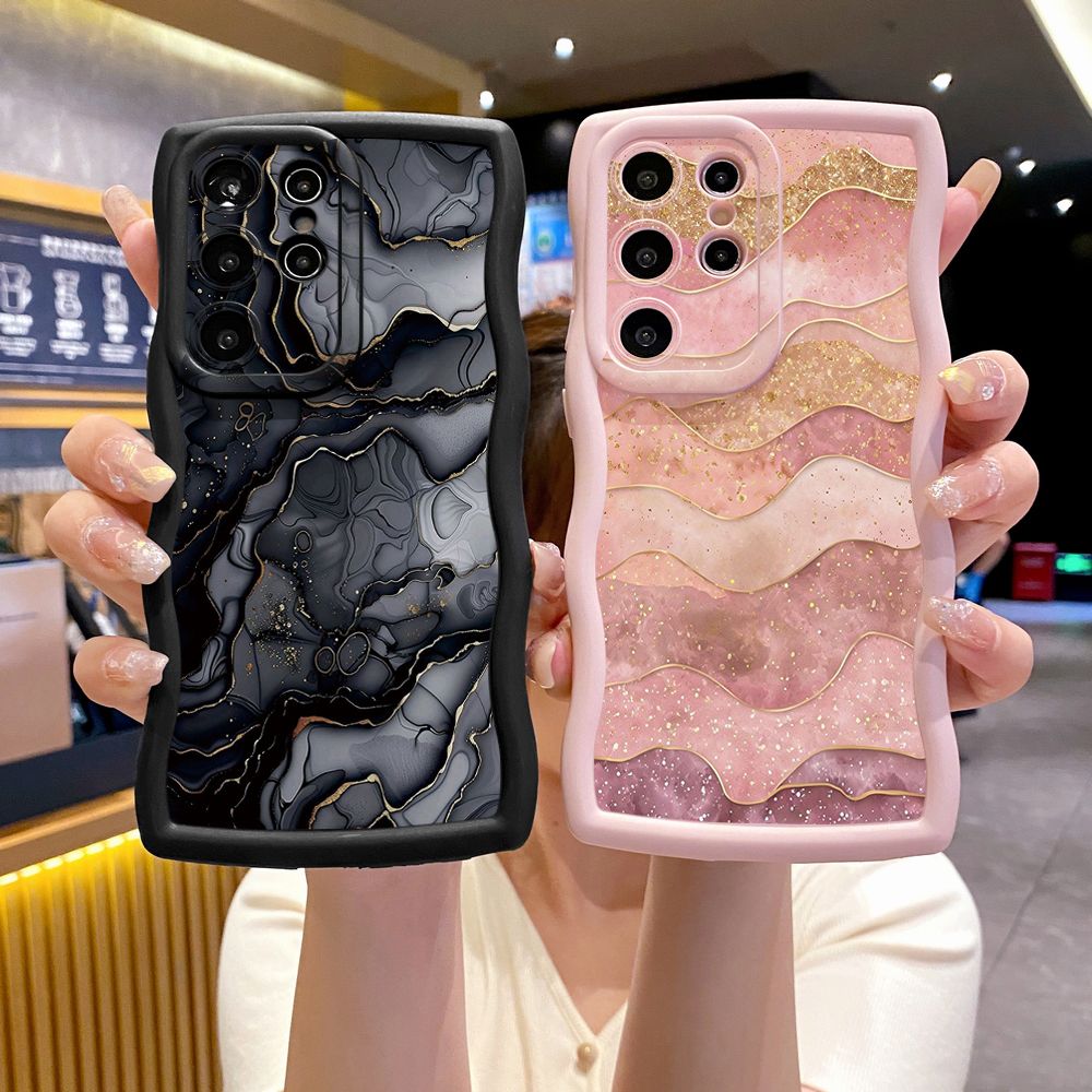 For Samsung Galaxy S24 S23 Ultra S22 Plus S21 FE S20 Black Pink Marbling Wave Frame Phone Case Anti Drop Cover