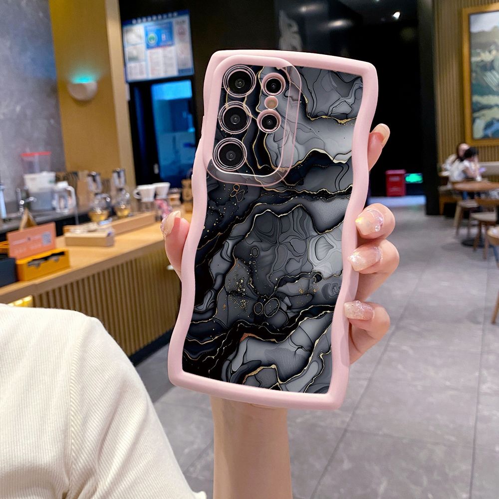 For Samsung Galaxy S24 S23 Ultra S22 Plus S21 FE S20 Black Pink Marbling Wave Frame Phone Case Anti Drop Cover